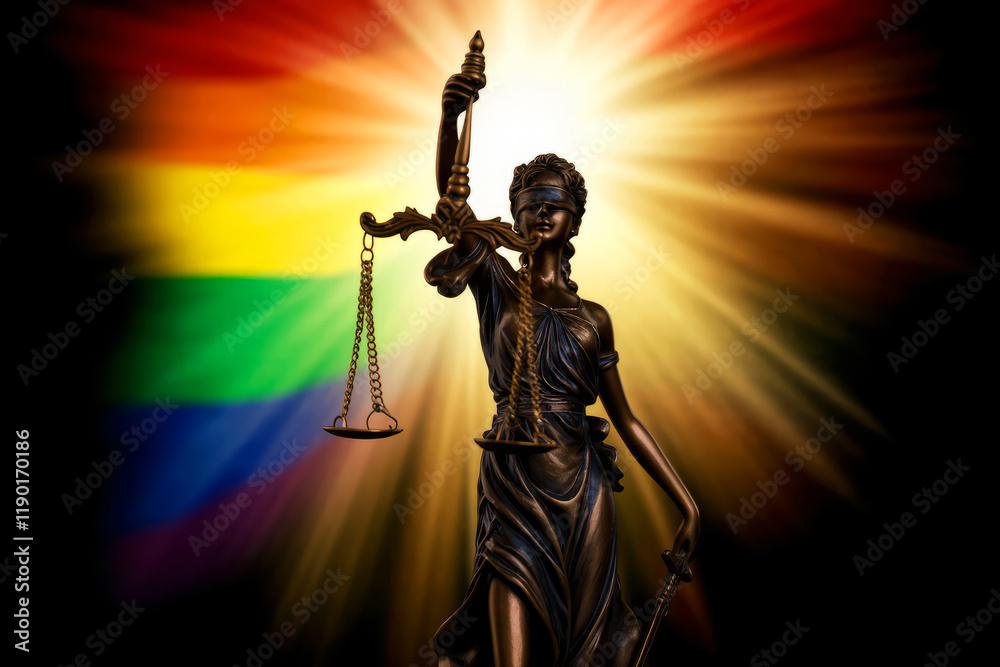 Statue of Lady Justice Holding Scales with Rainbow Light in Background Symbolizing Equality and Justice Statue of Lady Justice Holding Scales with Rainbow Light in Background Symbolizing Equality and Justice