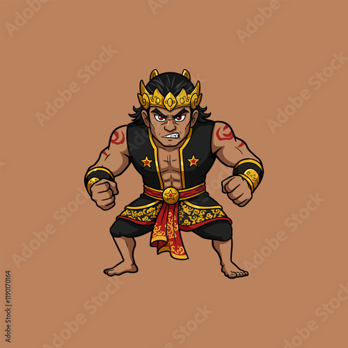 A cartoon illustration depicts a strong Indonesian warrior king in a fierce pose, wearing traditional attire and a golden crown.