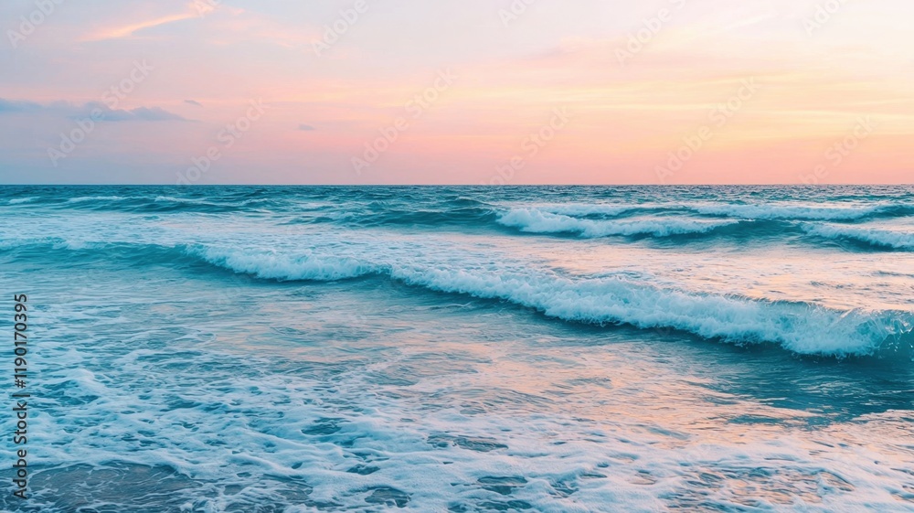 Ocean water surface concept. Waves gently rolling in at sunset along a serene beach. Ocean water surface concept. Waves gently rolling in at sunset along a serene beach.
