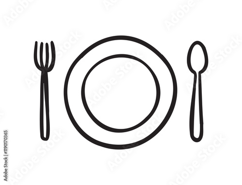 Spoon, Fork, and Plate for Restaurant Menu. Table Setting Doodle hand drawn icons
