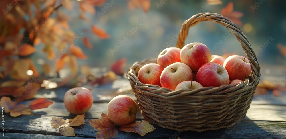 Red apples in a wicker basket on wooden surface with autumn leaves. Red apples in a wicker basket on wooden surface with autumn leaves.