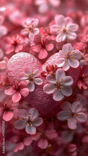 a heart shape created from tiny, fresh pink, red, and white flowers arranged on a light magenta background. valentine’s day, love and heart, love banner