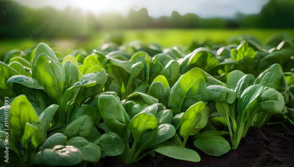 Lush green spinach vegetable farm at the morning Lush green spinach vegetable farm at the morning
