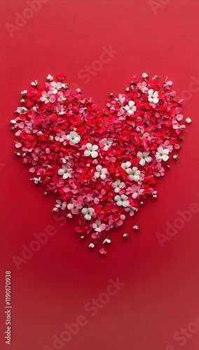 a heart shape created from tiny, fresh pink, red, and white flowers arranged on a red background. valentine’s day, love and heart, love banner