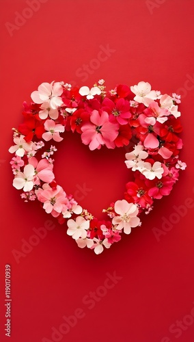 a heart shape created from tiny, fresh pink, red, and white flowers arranged on a red background. valentine’s day, love and heart, love banner