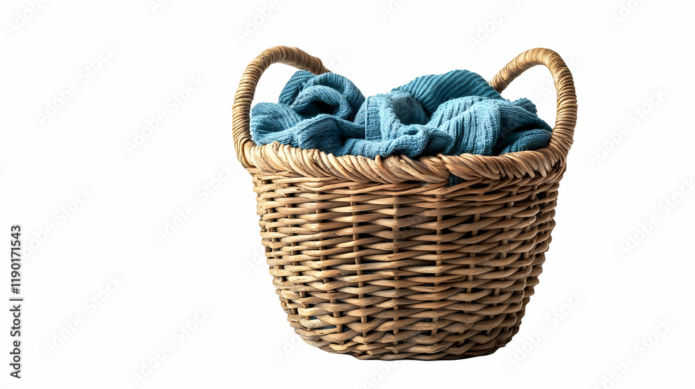 Obraz premium Laundry basket, teal clothes, white background, storage