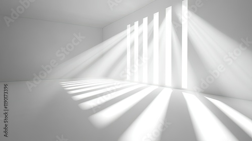 Abstract light and shadow effects on a white cement wall as sunlight streams through a narrow light channel, styled for minimalist concepts.