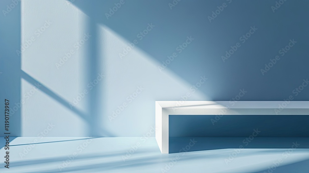Obraz premium Blurry spotlight on a smooth blue wall with a table and soft shadows, creating a serene winter scene for branding products.