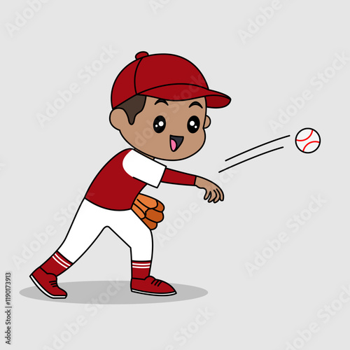 Vector design of cute little kid training and playing baseball.