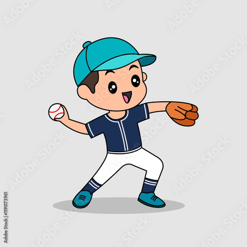 Vector design of cute little kid training and playing baseball.
