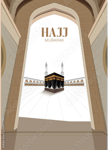 HAJJ. Kaaba Vector for Hajj Mabroor in Mecca Saudi Arabia. Hajj Mabrour And The Holy Mecca Greeting Islamic Illustration Background.  Muslim people are praying in Hajj