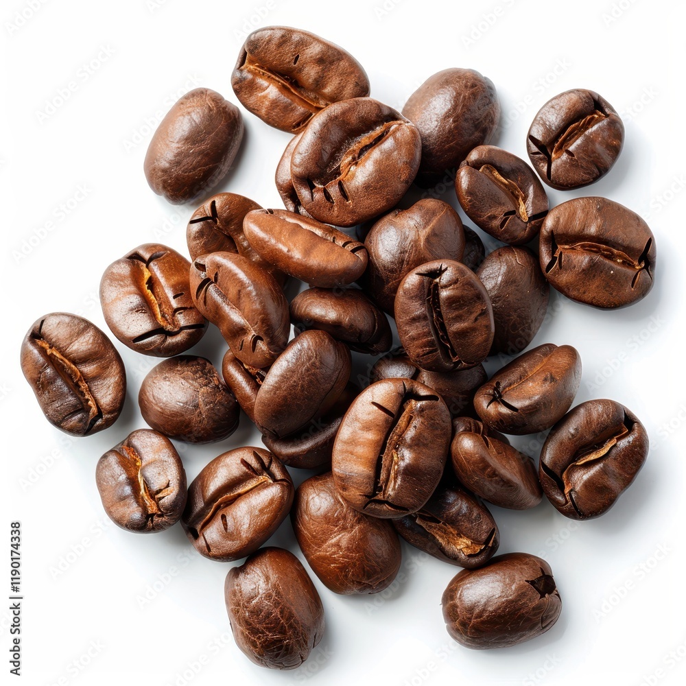 Fototapeta premium A detailed close-up of a pile of roasted coffee beans displayed on a clean white surface, showcasing their rich texture and color.