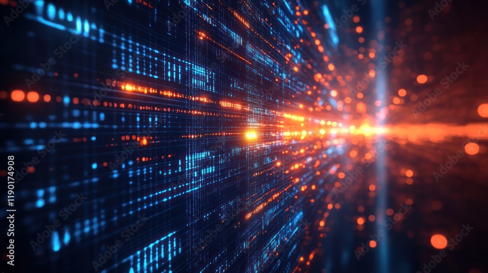 Obraz premium Abstract digital data stream flowing through a futuristic tunnel.
