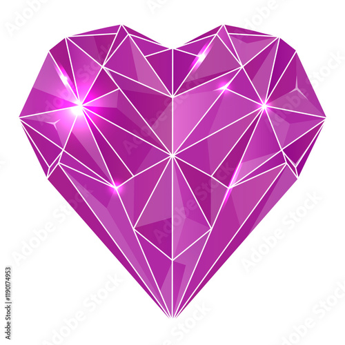 Rose quartz heart shape isolated on white background. Luxury shiny Heart precious crystal. Magic pink jewelry or gem. Symbol of love. Rhinestones