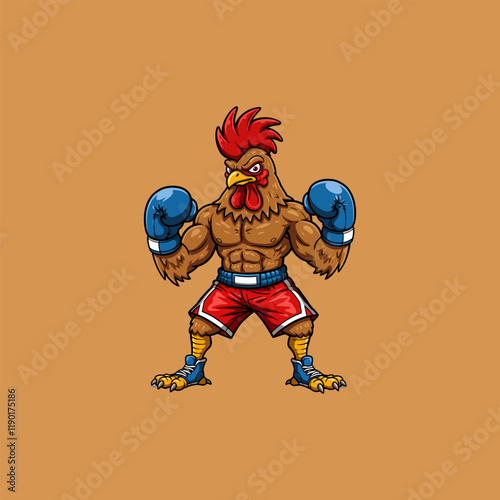 A cartoon illustration of a muscular rooster wearing boxing gloves and shorts prepared for a fight.