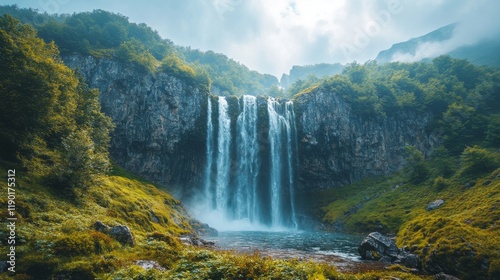 Majestic waterfall cascading down rocky cliffs surrounded by lush green vegetation under a cloudy sky offering a breathtaking view