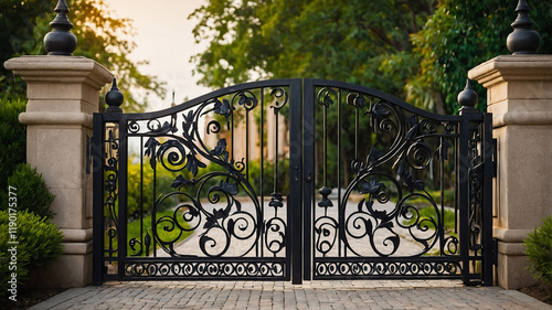 Ornate Black Wrought Iron Gate:  A grand entrance, featuring an elegant black wrought iron gate with intricate floral designs, stands majestically between ornate stone pillars.