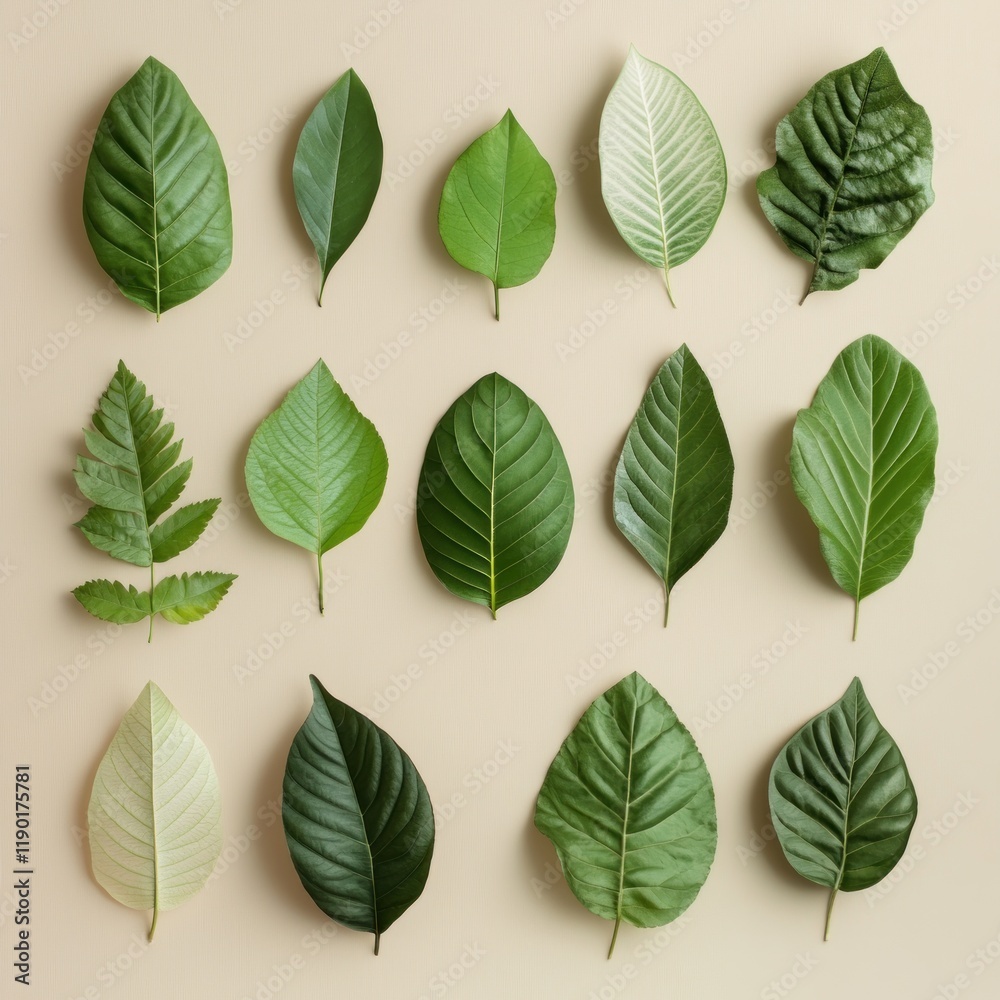 Obraz premium Flat lay of various green leaves arranged on beige background. (1)