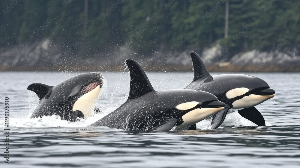 Obraz premium Young killer whale playfully interacting with a family pod, showing playful behavior amidst the serene ocean waters