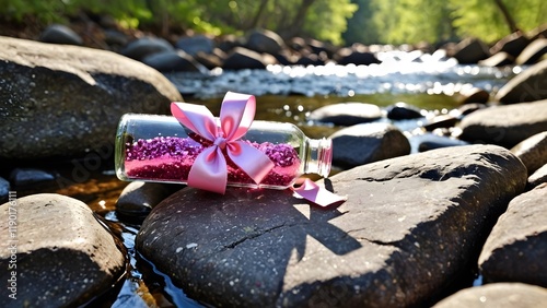 A small glass bottle filled with pink glitter, tied with a delicate ribbon, placed on a smooth rock near a flowing stream, bathed in soft dappled sunlight photo