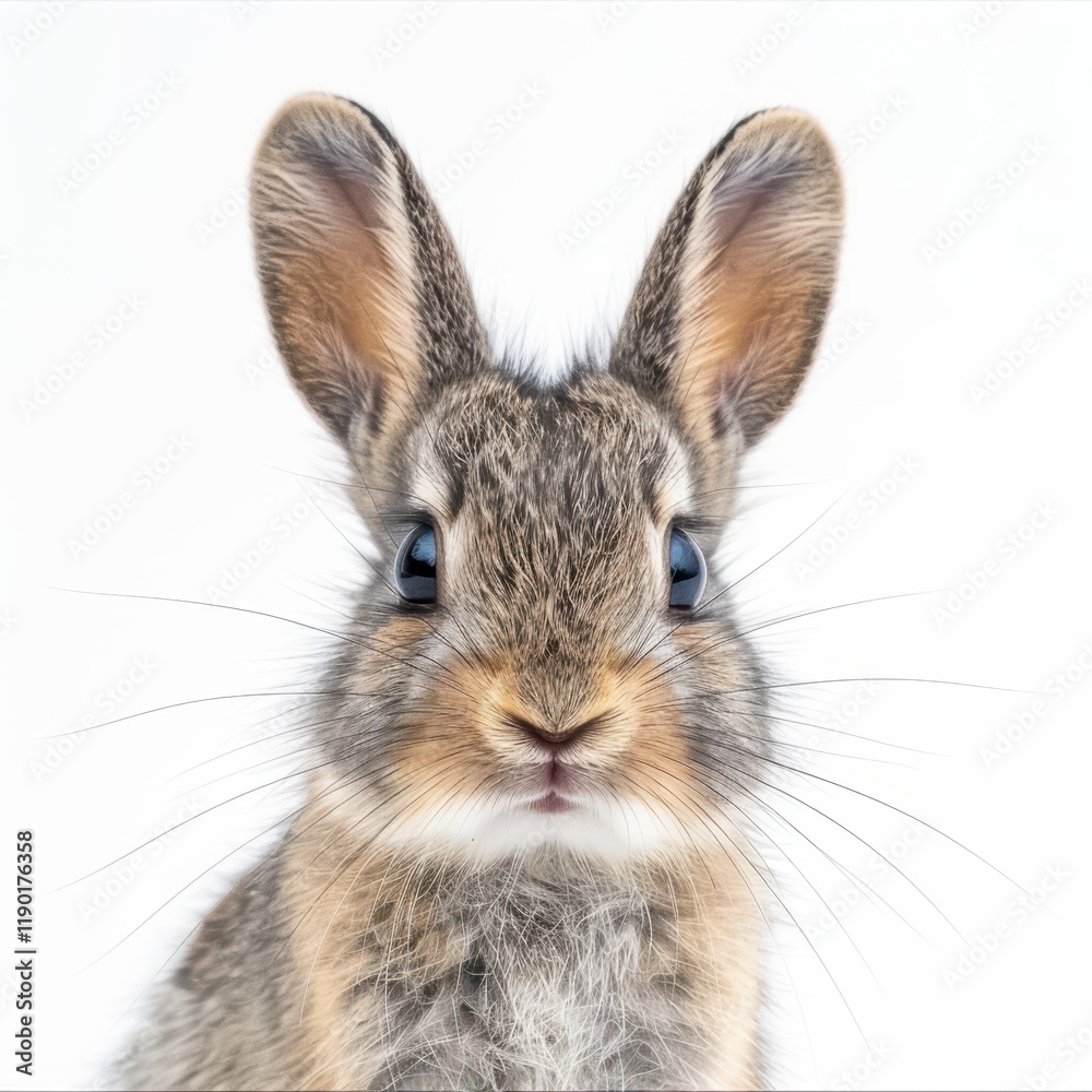 Obraz premium A small rabbit with striking blue eyes sits gracefully on a clean white surface, exuding charm and innocence.