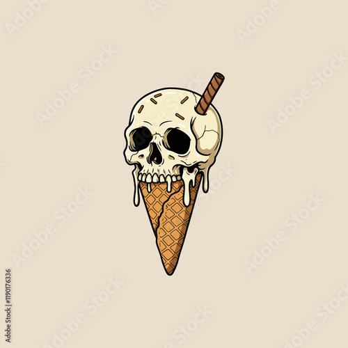 A skull-shaped ice cream cone with melting ice cream and a wafer stick is illustrated in a vintage style.