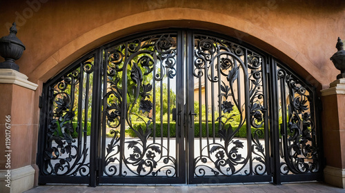 Ornate Wrought Iron Gate: A striking, black, wrought-iron gate with intricate floral designs and a grand arched frame, leading to a private estate, evokes a sense of security, elegance, and privacy. 