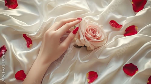 Delicate female hands with a romantic red manicure holding a fresh rose over a bed of soft white silk and rose petals.