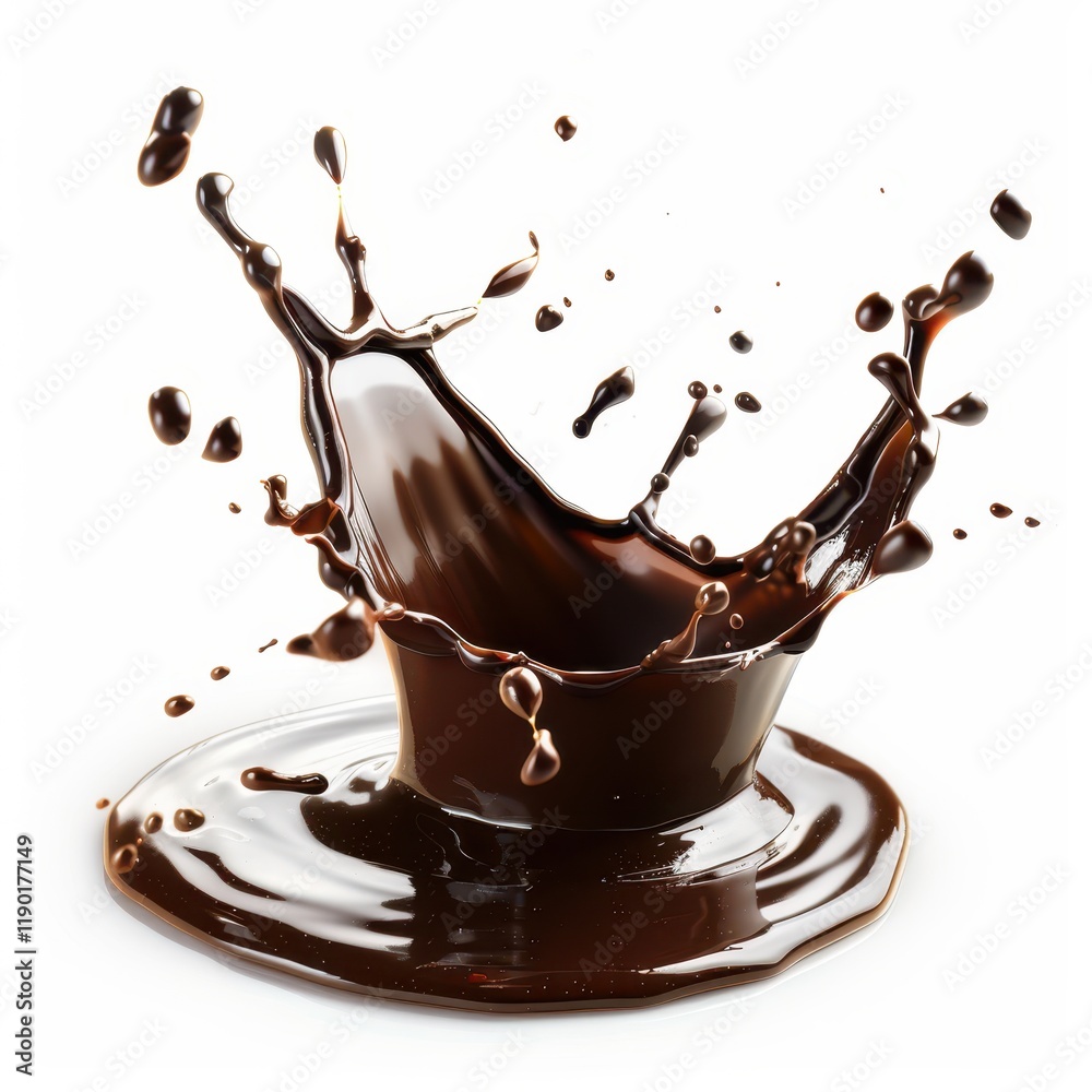 Rich chocolate cascades into a pristine bowl, creating a dynamic splash against a clean white backdrop, evoking indulgence and culinary artistry. Rich chocolate cascades into a pristine bowl, creating a dynamic splash against a clean white backdrop, evoking indulgence and culinary artistry.