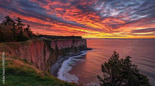 Dramatic sunset over a coastal cliff, with rich colors of red, orange, and gold spilling across the sky as the sun sets into the ocean. photo