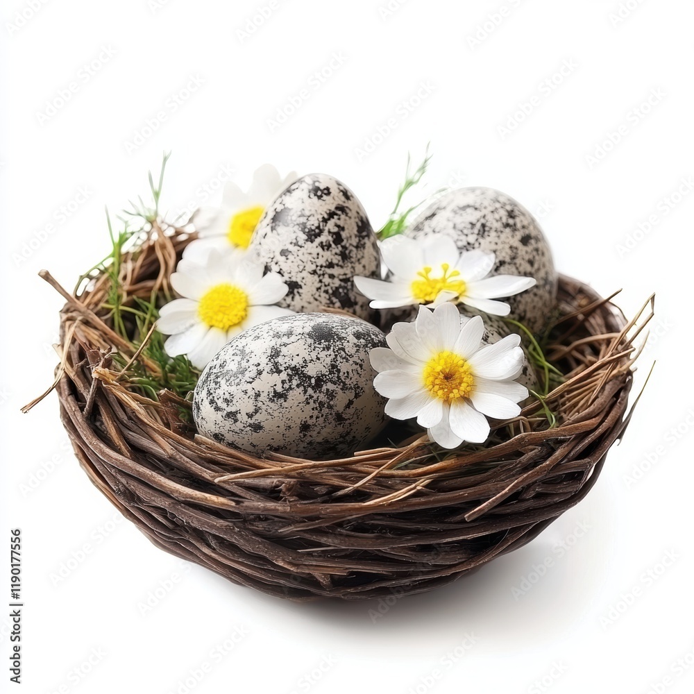 Obraz premium A nest containing four eggs is surrounded by colorful flowers, creating a serene and natural scene that highlights new life and beauty.