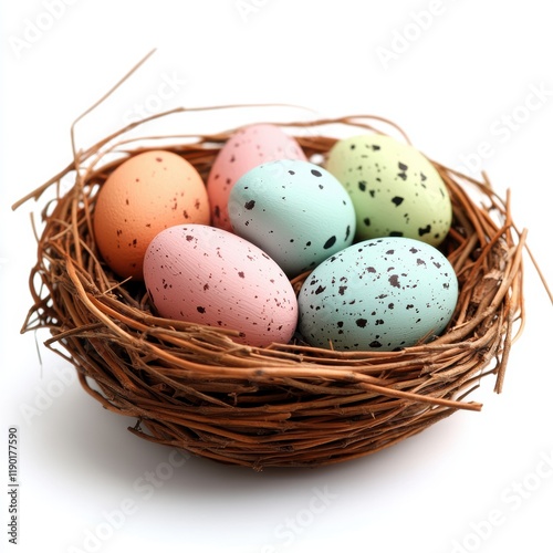 A detailed close-up view of a nest containing four eggs, showcasing the intricate textures and natural materials of the nest.