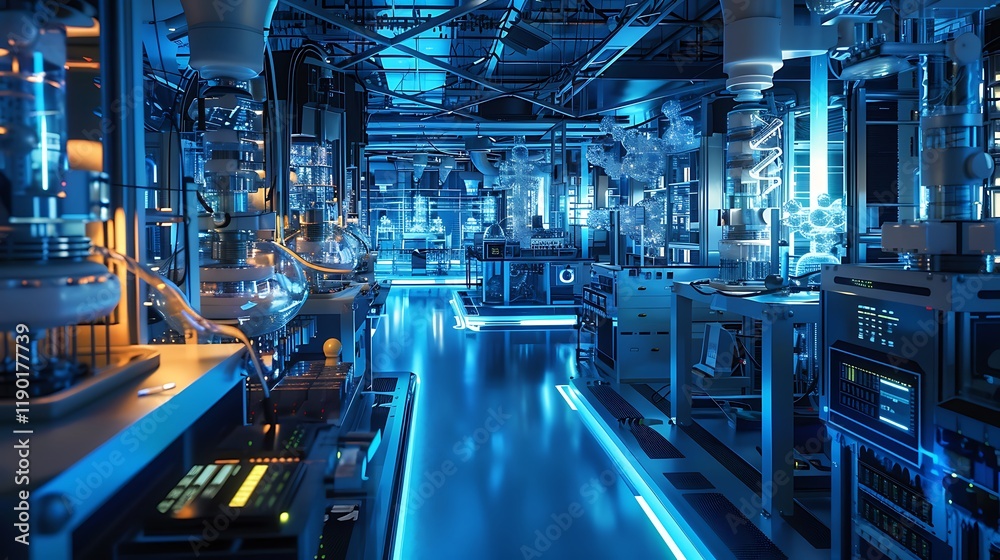 Fototapeta premium A high-tech industrial laboratory filled with intricate machinery and equipment, illuminated in a cool blue light. 