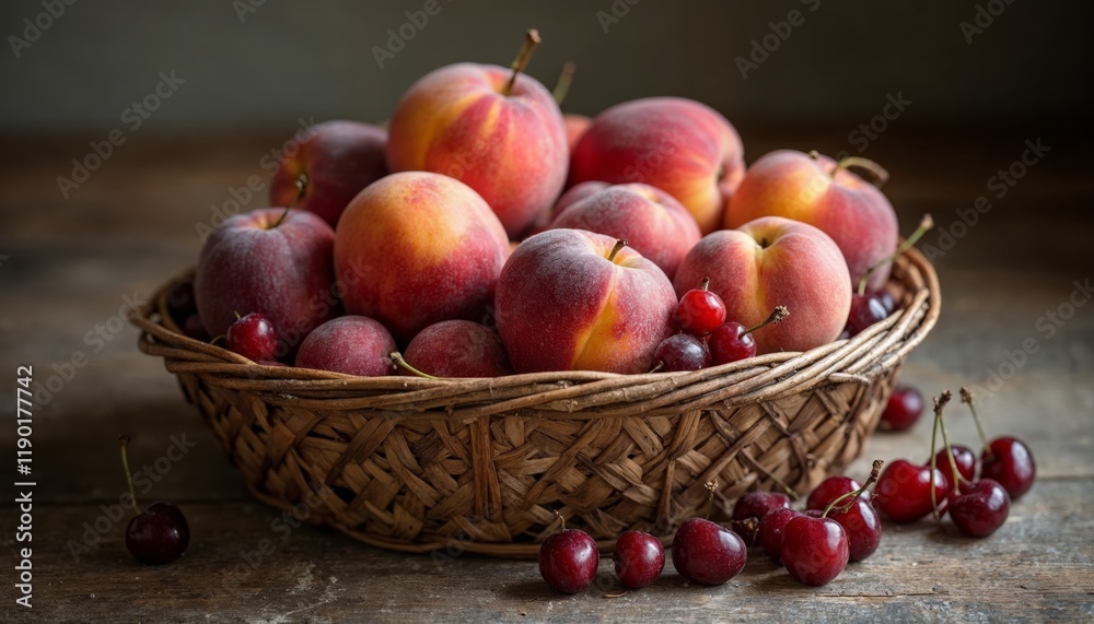 Fresh peaches and cherries in a basket. Concept of healthy eating, organic food, and summer harvest.