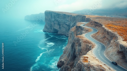 A dramatic cliffside road with cars winding along the edge.