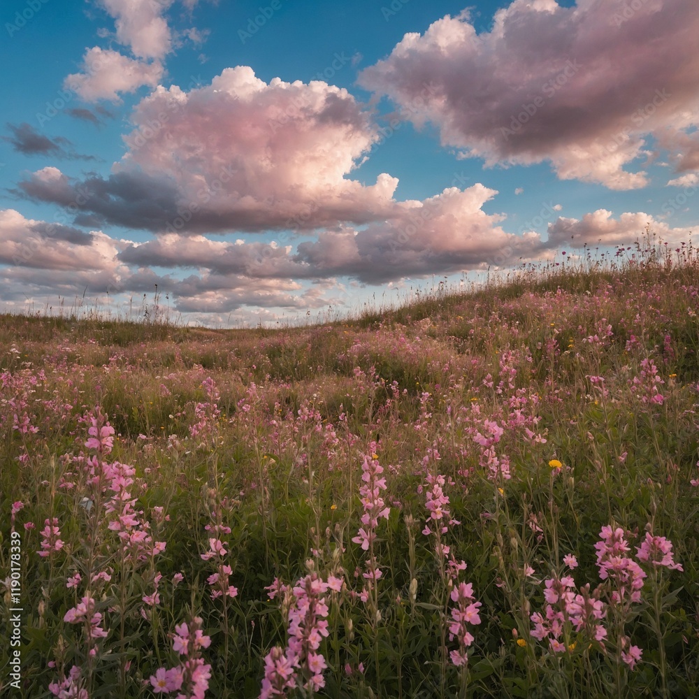 A dreamy field of wildflowers in shades of pink, with a blue sky dotted by fluffy clouds. A dreamy field of wildflowers in shades of pink, with a blue sky dotted by fluffy clouds.