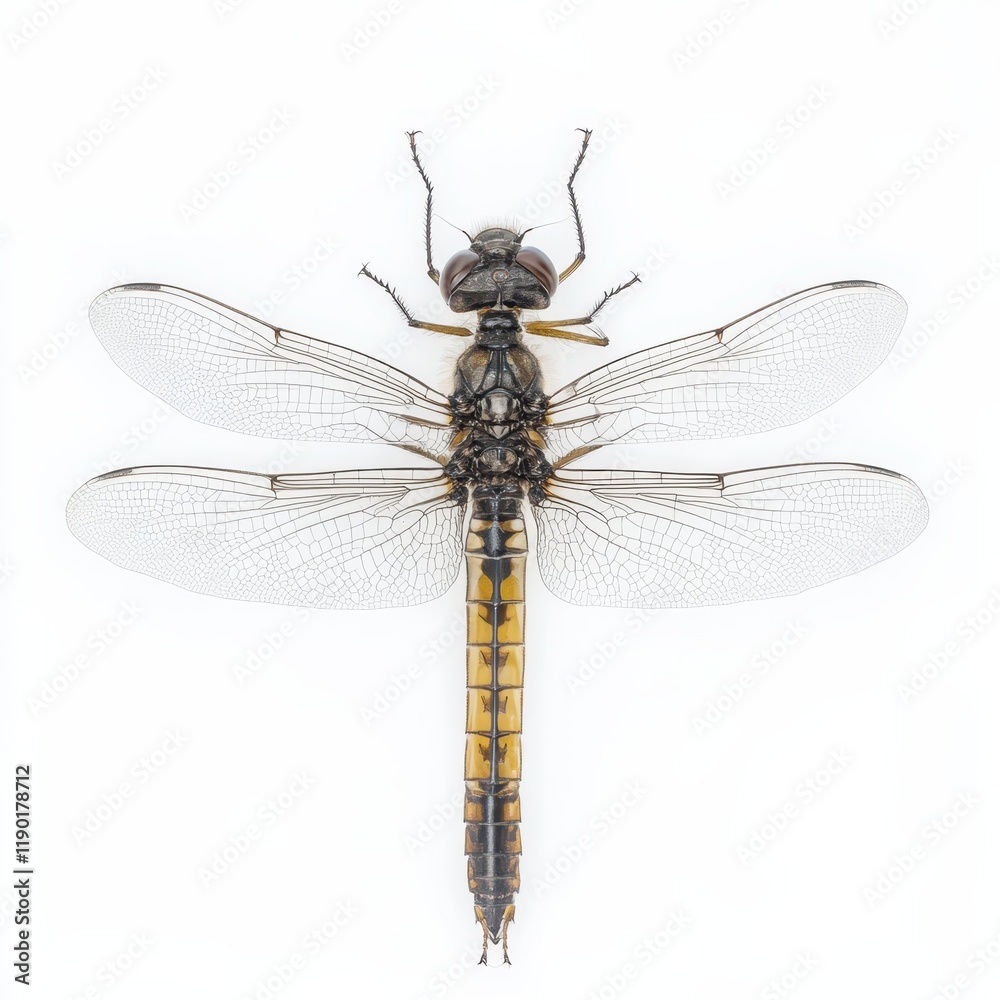 A detailed close-up of a dragonfly showcasing its intricate features against a clean white background. A detailed close-up of a dragonfly showcasing its intricate features against a clean white background.