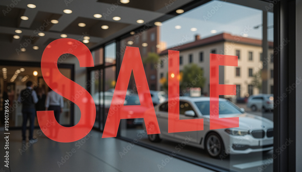Vibrant sale sign in a modern store window with reflections and bright lighting, showcasing a promotional event Vibrant sale sign in a modern store window with reflections and bright lighting, showcasing a promotional event