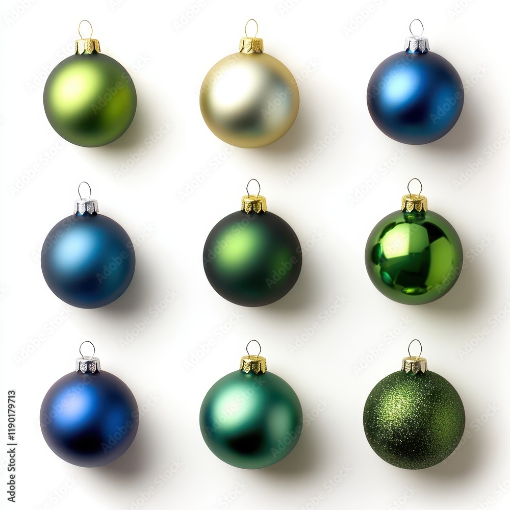 A detailed close-up view of various colorful Christmas ornaments arranged on a pristine white surface, showcasing their intricate designs and textures.