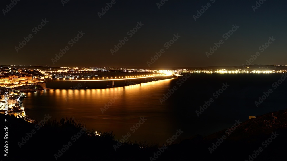 Naklejka premium Nighttime panorama of the Vasco da Gama Bridge, with golden lights reflecting in the water and Lisbon's cityscape in the distance