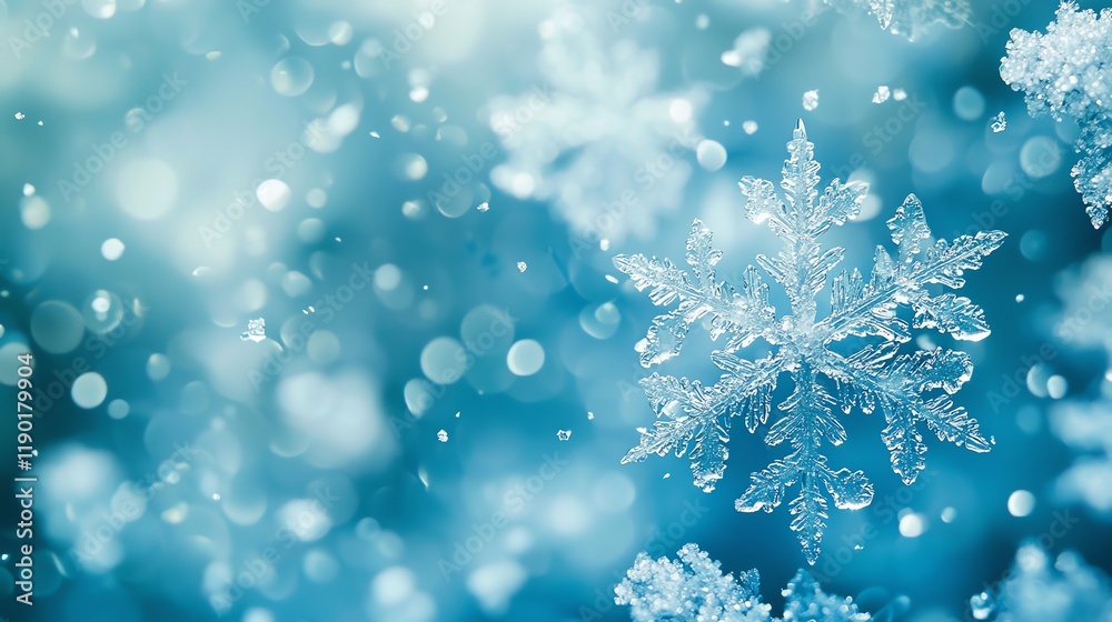 A serene winter scene featuring delicate snowflakes against a soft blue background, creating a magical and tranquil atmosphere.