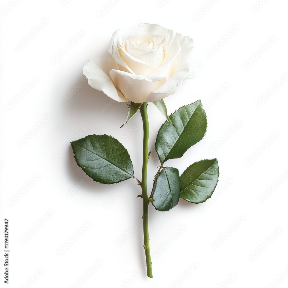Obraz premium A delicate white rose accompanied by lush green leaves rests elegantly on a pristine white surface.