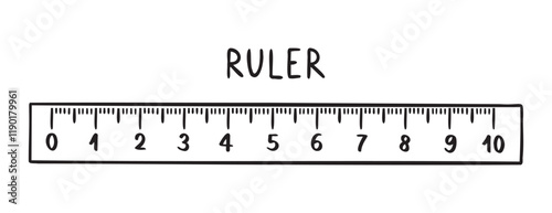 Ruler doodle hand drawn icon. Outline drawing ruler school line clipart symbol