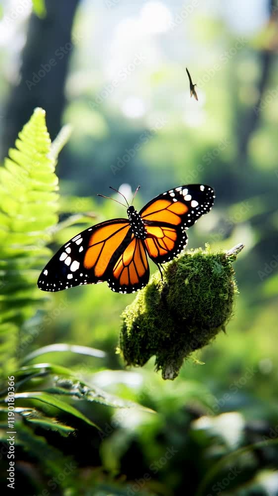 Stunning Monarch Butterfly Resting on Mossy Rock Surrounded by Lush Greenery in a Vibrant Forest Setting Stunning Monarch Butterfly Resting on Mossy Rock Surrounded by Lush Greenery in a Vibrant Forest Setting