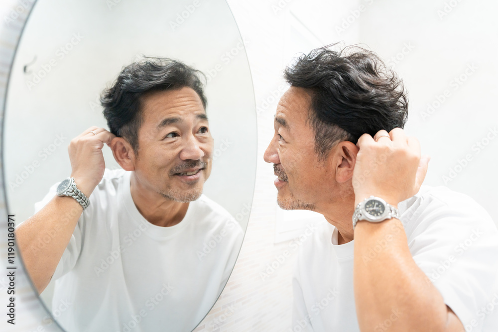 Obraz premium ヘアチェックをするミドル男性 ビューティーイメージ