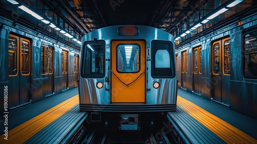 A silver subway train door stands open, showcasing the empty car with doors and windows on both sides