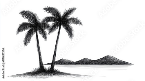 Sketch of Tropical Paradise: Two Palm Trees by the Ocean photo