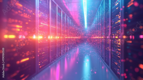 Wallpaper Mural Futuristic server room with neon lights and data streams. Torontodigital.ca