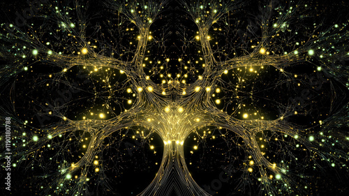 A visually complex dendrogram chart with luminous branches and connected nodes, forming a tree-like network pattern on a dark digital background, ideal for data science visuals.
 photo