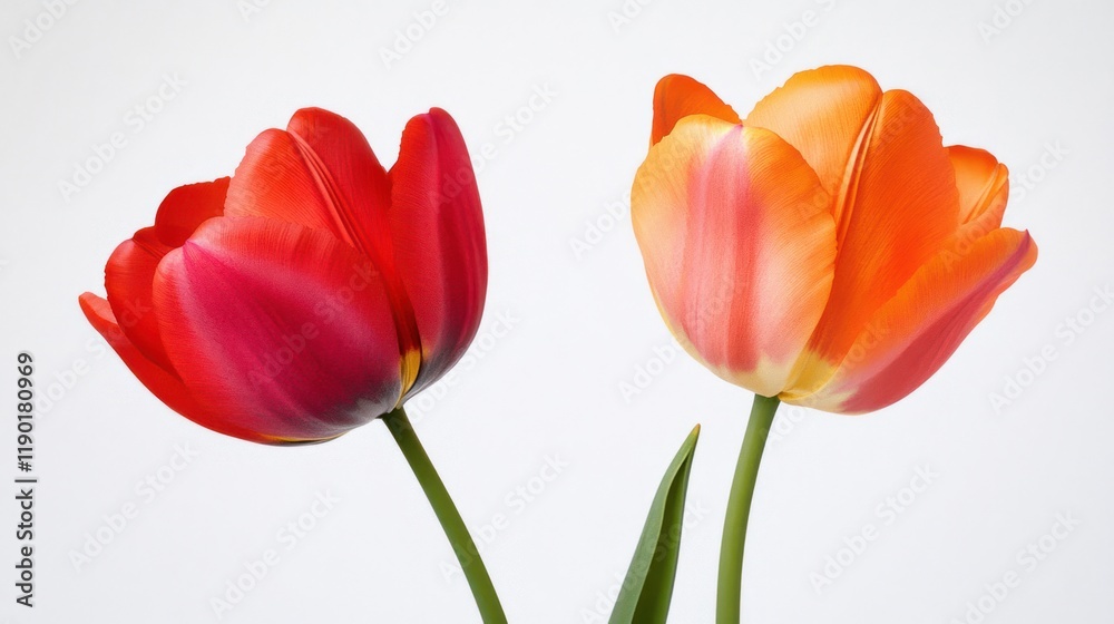 Two tulips, red and orange, bloom against white backdrop, spring, greeting card Two tulips, red and orange, bloom against white backdrop, spring, greeting card